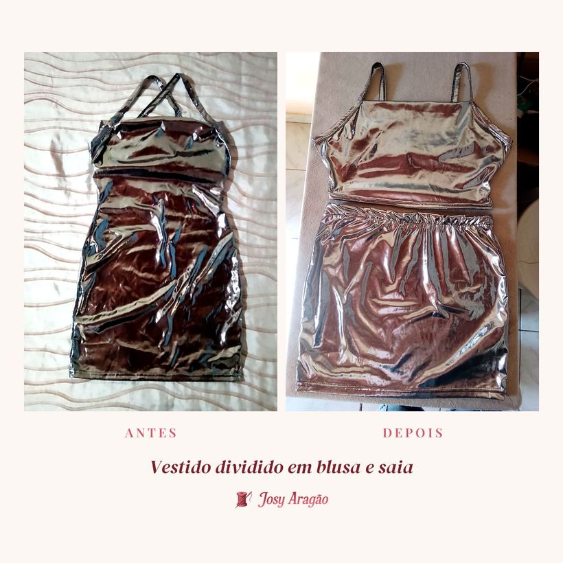 Antes e depois: vestido metalizado dividido em blusa e saia