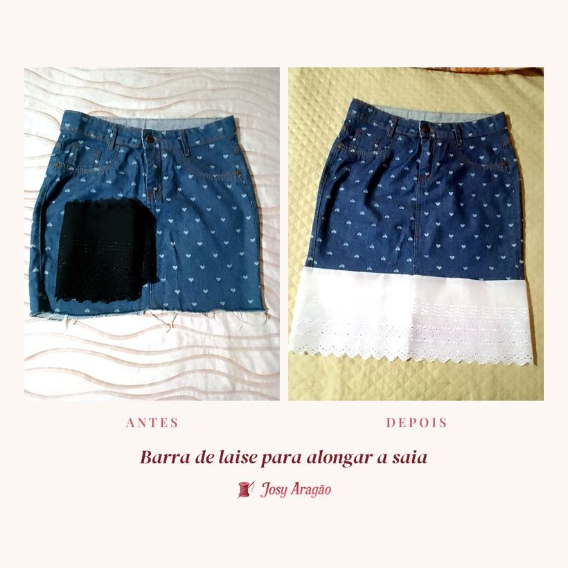 Antes e depois: saia jeans clara alongada com barra de laise