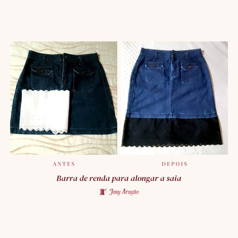 Antes e depois: saia jeans escura alongada com barra de renda