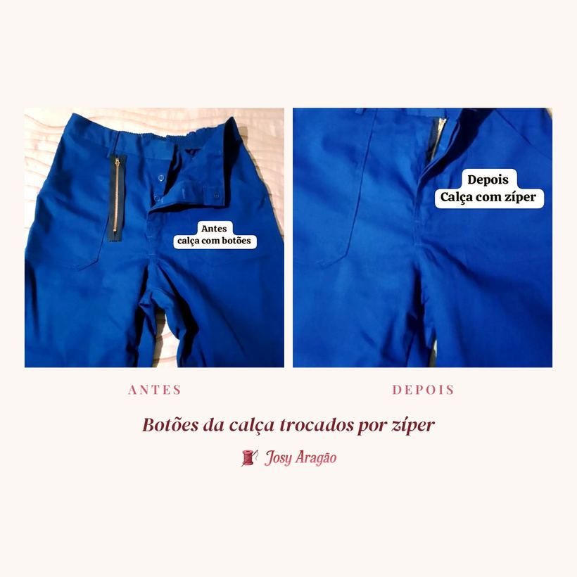 Antes e depois: botões da calça de uniforme trocados por zíper