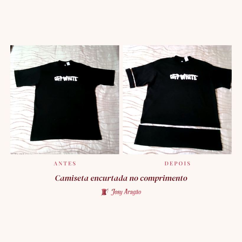 Antes e depois: camiseta preta encurtada no comprimento